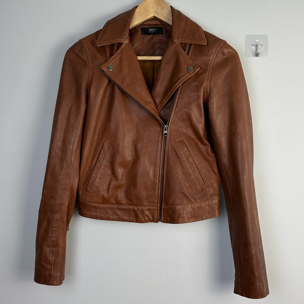 ABLE Maha Soft Lamb Leather Jacket XS in Whiskey Brown Cropped Moto Zipper Cuffs - Picture 2 of 16